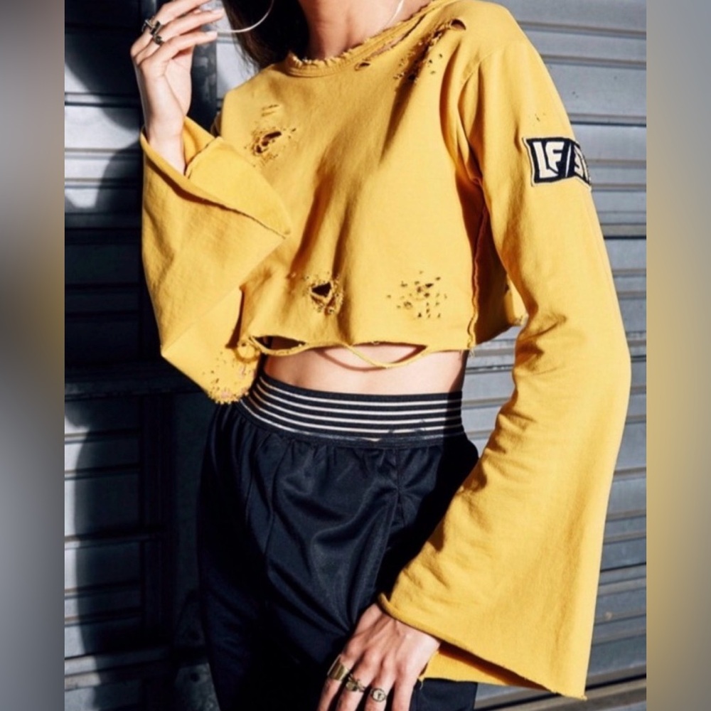 LF The Brand Yellow Long Sleeve Cropped Cotton Top Shirt, cute rips XS